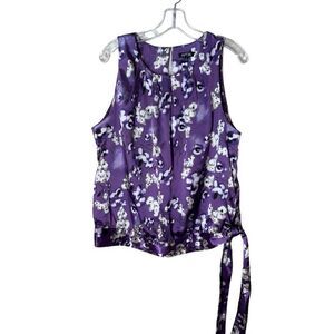 Apt. 9 Floral Satin Blouse Sleeveless Pleated Collar Side Tie XL Purple
